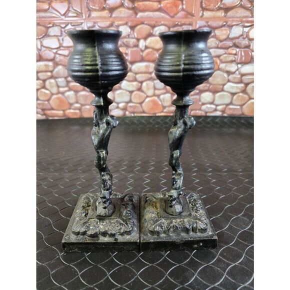Two Ornate Squirrels on a Tree Black Cast Iron Candle Holder 8in Tall - Picture 5 of 12
